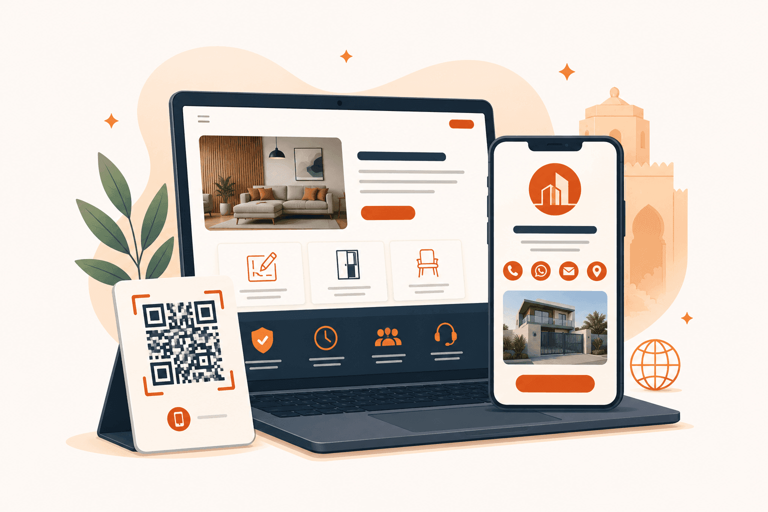 صورة توضيحية لخدمة موقع إلكتروني + QR للمشروع